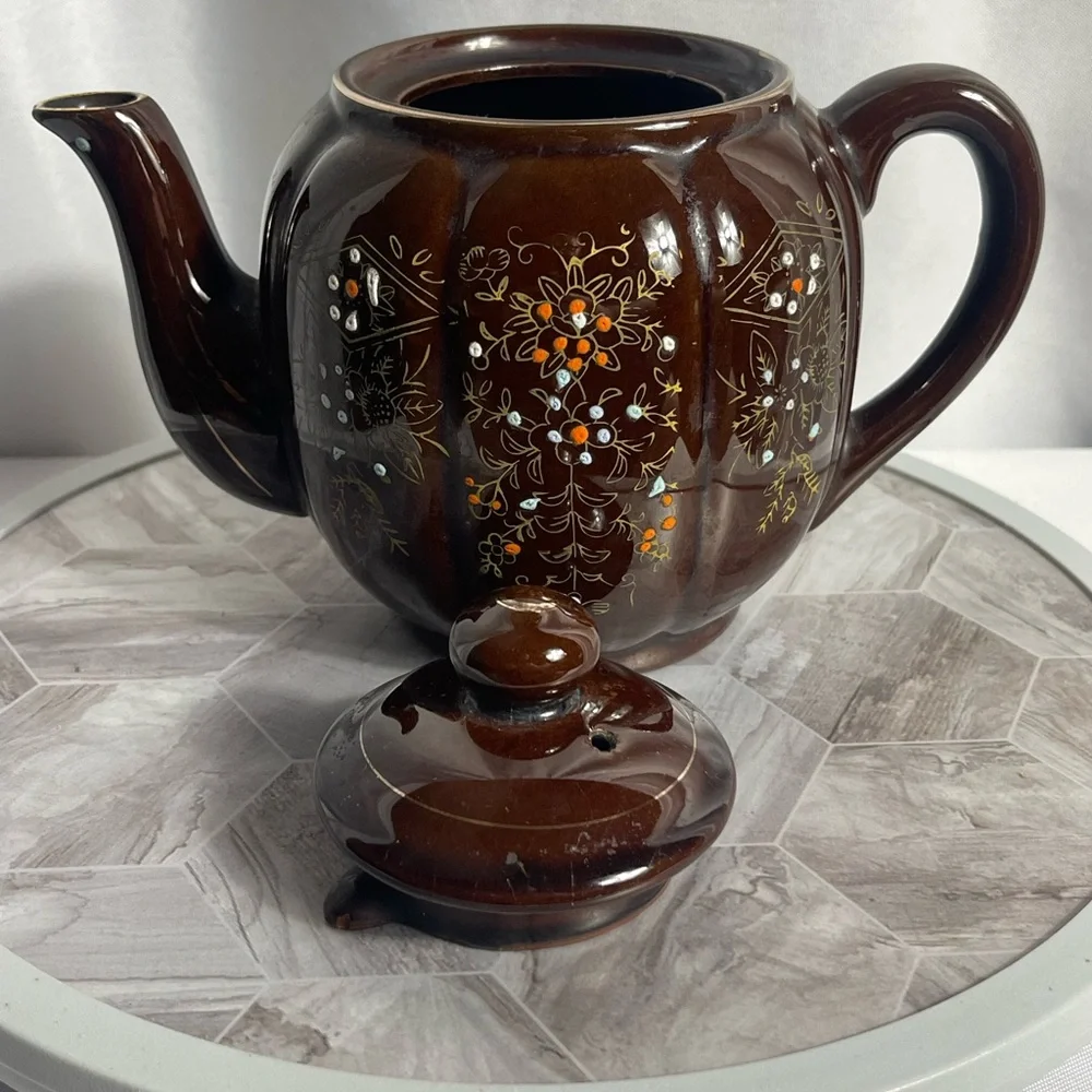Vintage Hand-Painted Brown Ceramic Teapot from Japan – Floral Motif, 6.5” - Picture 7 of 10